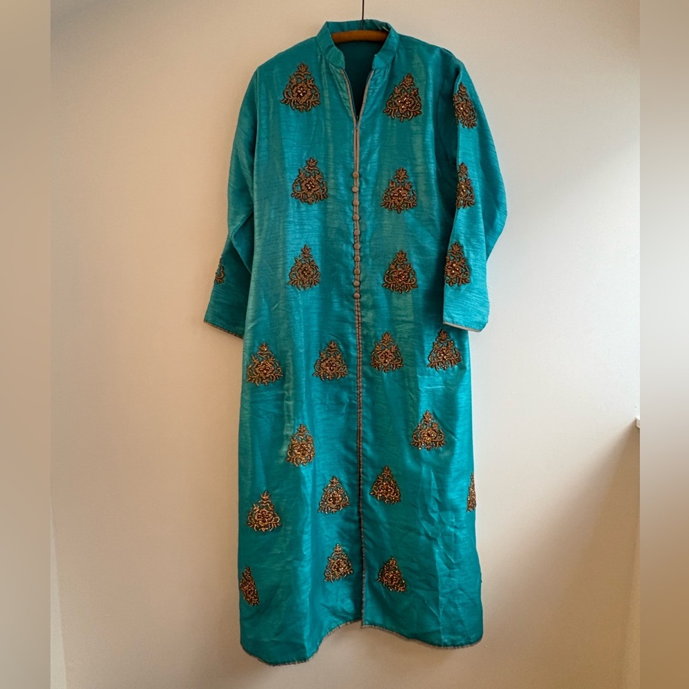 Vintage Indian turquoise caftan with gold beadwork